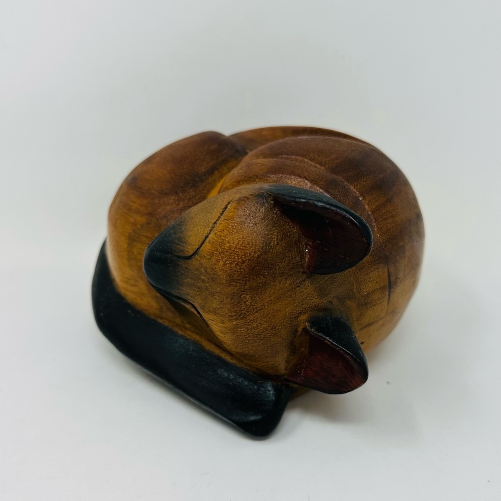 Handcrafted Wooden Sleeping Cat Sculpture Doorstop Siamese Brown Black Heavy - Picture 2 of 11
